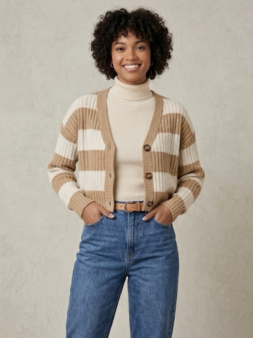 Francesca's Collections Cream and Tan Striped Ribbed Cardigan